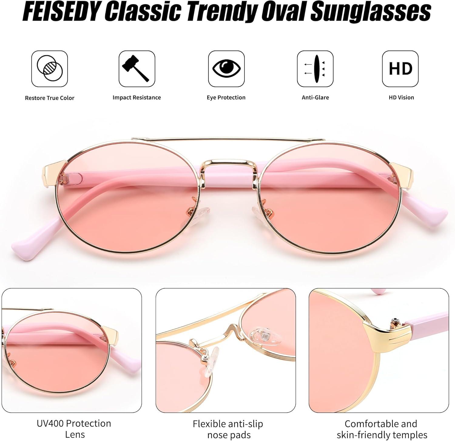 image:imageFEISEDY Classic Trendy Oval Sunglasses Women Men Cute Small Shade Metal Frame Sunnies B0264PinkPink