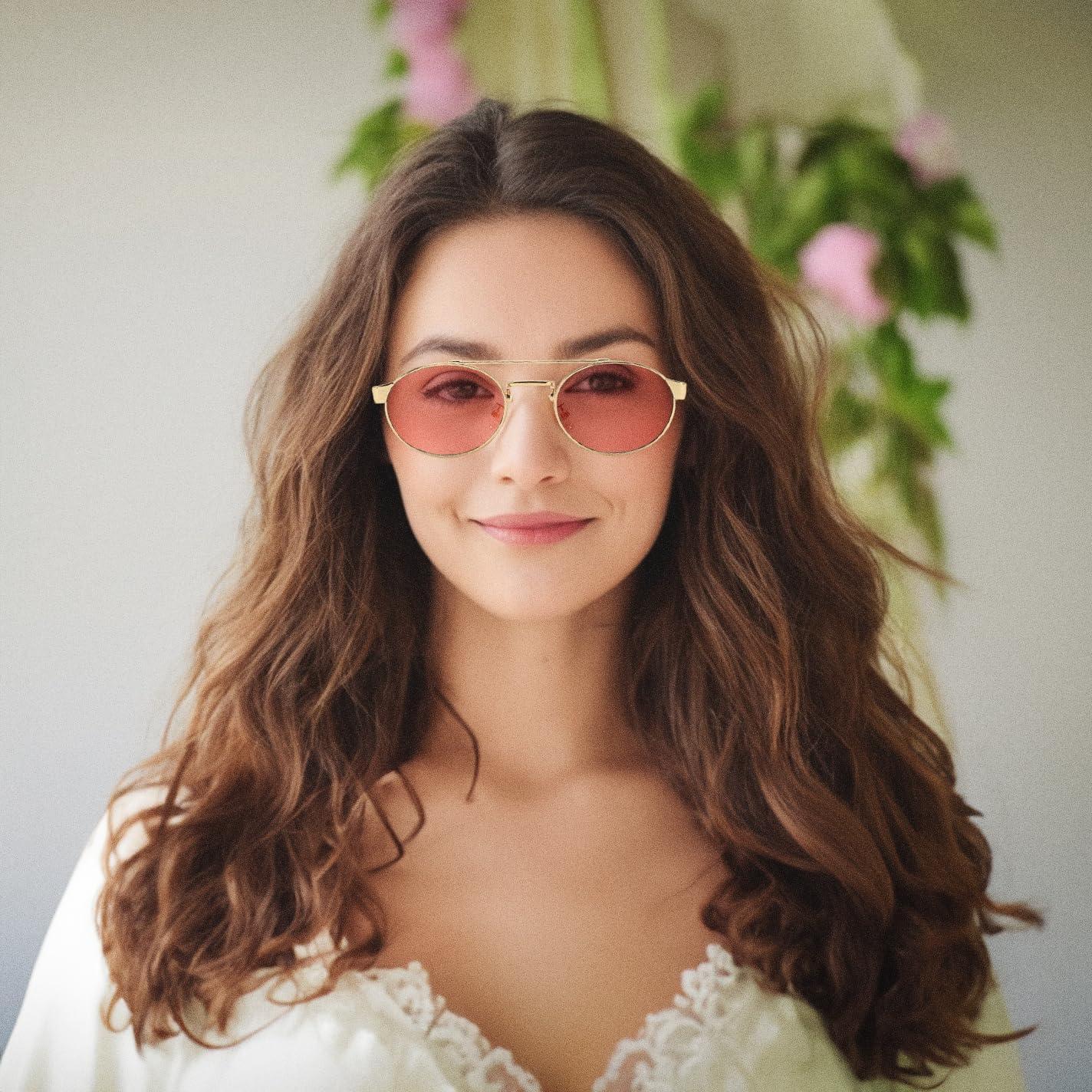 image:imageFEISEDY Classic Trendy Oval Sunglasses Women Men Cute Small Shade Metal Frame Sunnies B0264PinkPink