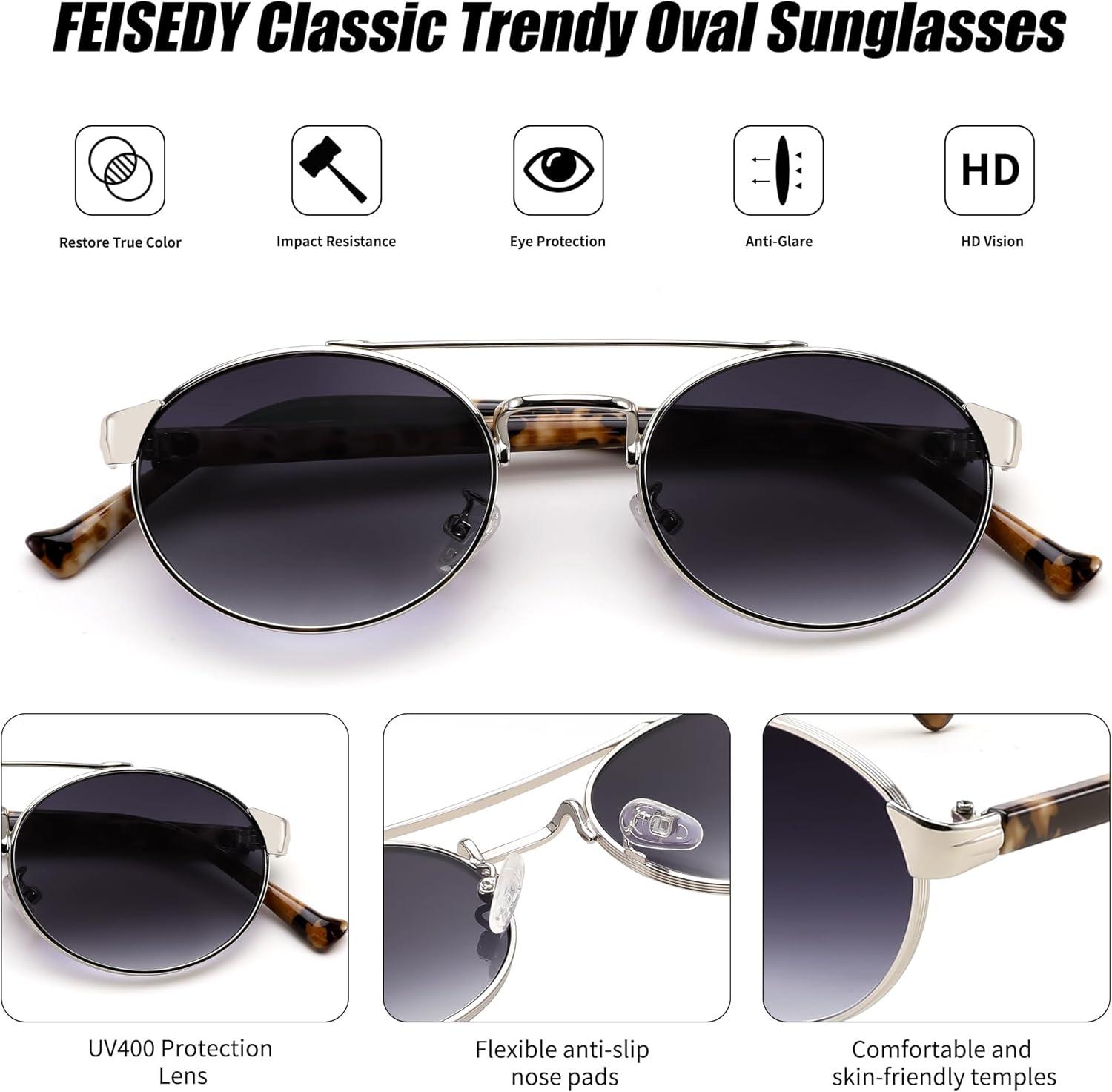 image:imageFEISEDY Classic Trendy Oval Sunglasses Women Men Cute Small Shade Metal Frame Sunnies B0264TortoiseGradient Gray