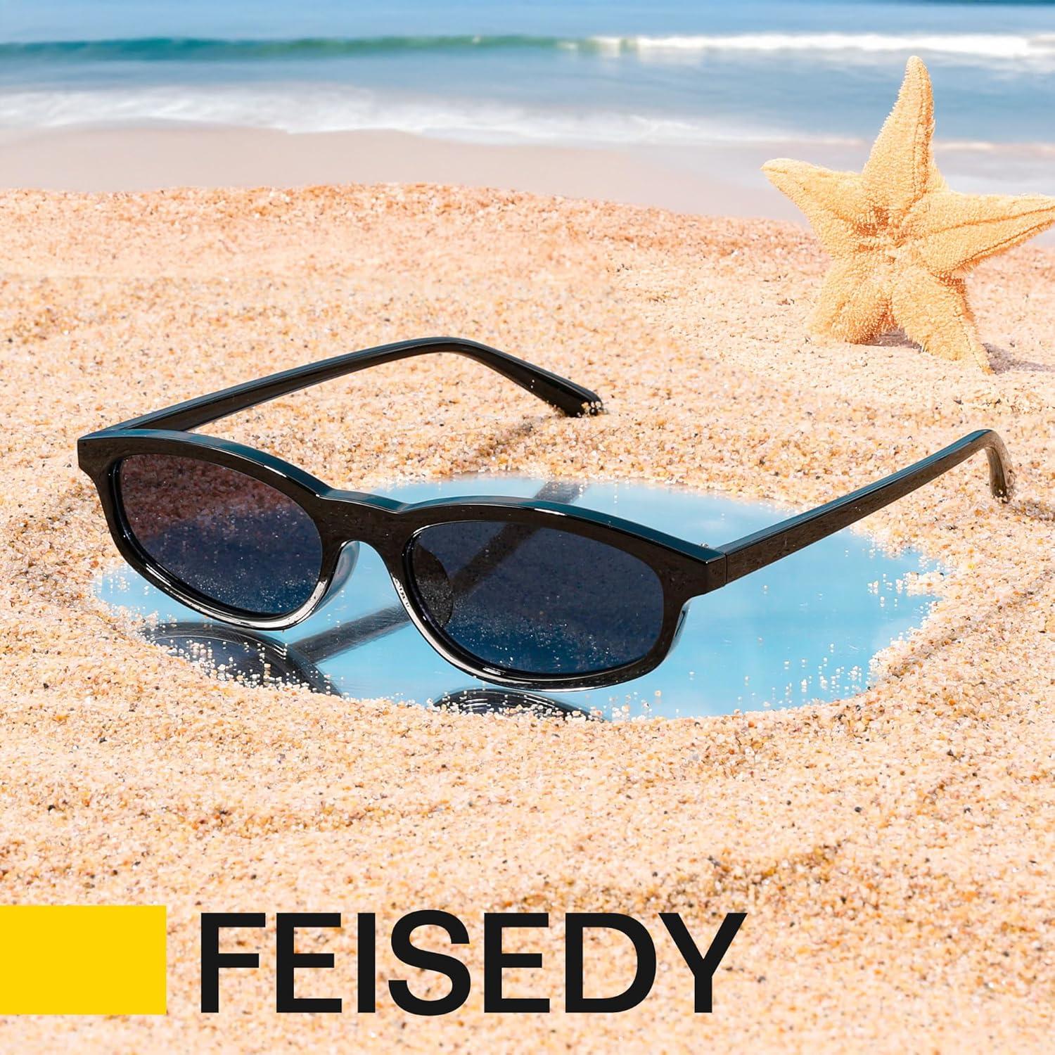 image:imageFEISEDY Small Oval Sunglasses for Women Men Cat Eye 90s Y2k Sunnies Lightweight Narrow Shades Trendy Glasses B9169Black Frame Gray Lenses