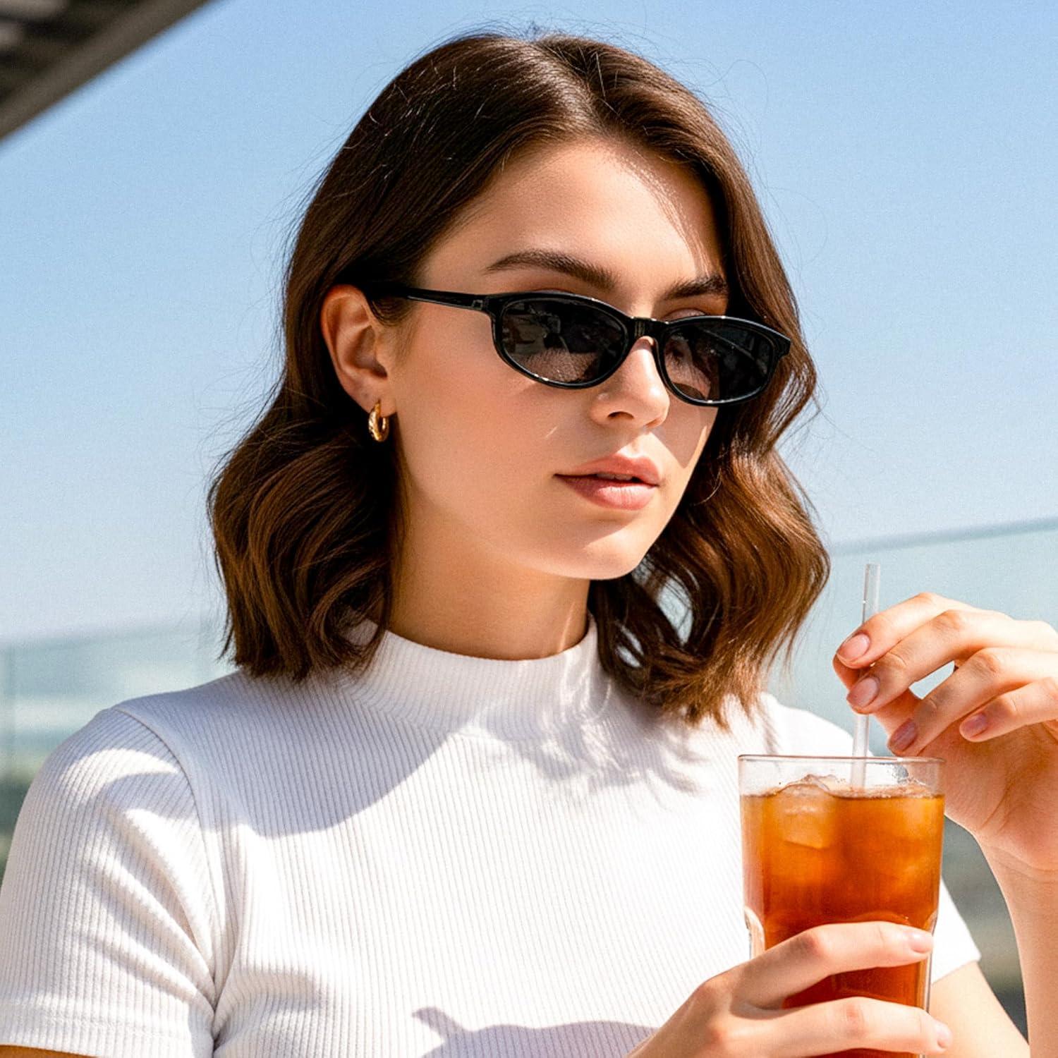 image:imageFEISEDY Small Oval Sunglasses for Women Men Cat Eye 90s Y2k Sunnies Lightweight Narrow Shades Trendy Glasses B9169Black Frame Gray Lenses