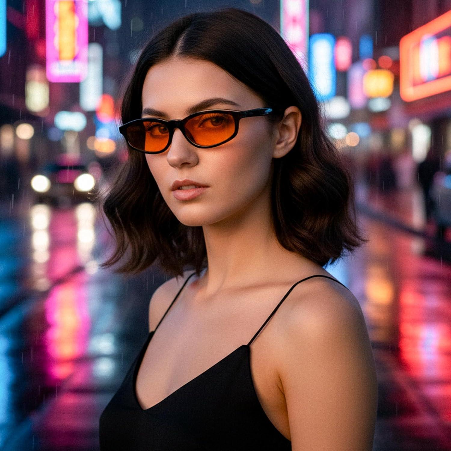 image:imageFEISEDY Small Oval Sunglasses for Women Men Cat Eye 90s Y2k Sunnies Lightweight Narrow Shades Trendy Glasses B9169Black Frame Yellow Lens