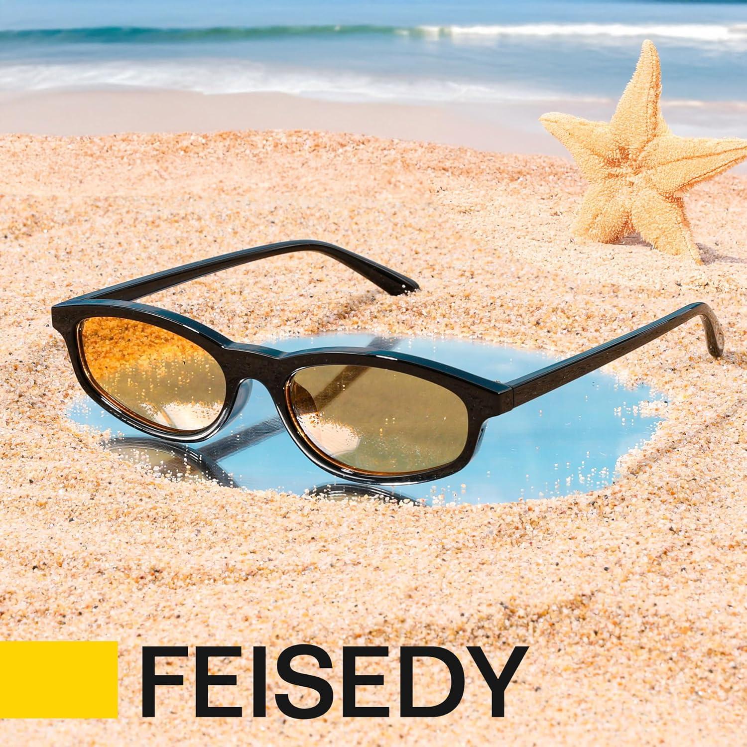 image:imageFEISEDY Small Oval Sunglasses for Women Men Cat Eye 90s Y2k Sunnies Lightweight Narrow Shades Trendy Glasses B9169Black Frame Yellow Lens