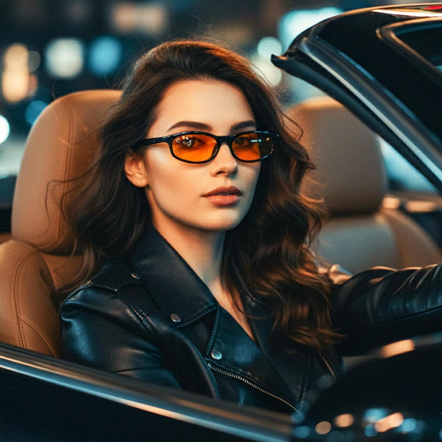 image:imageFEISEDY Small Oval Sunglasses for Women Men Cat Eye 90s Y2k Sunnies Lightweight Narrow Shades Trendy Glasses B9169Black Frame Yellow Lens