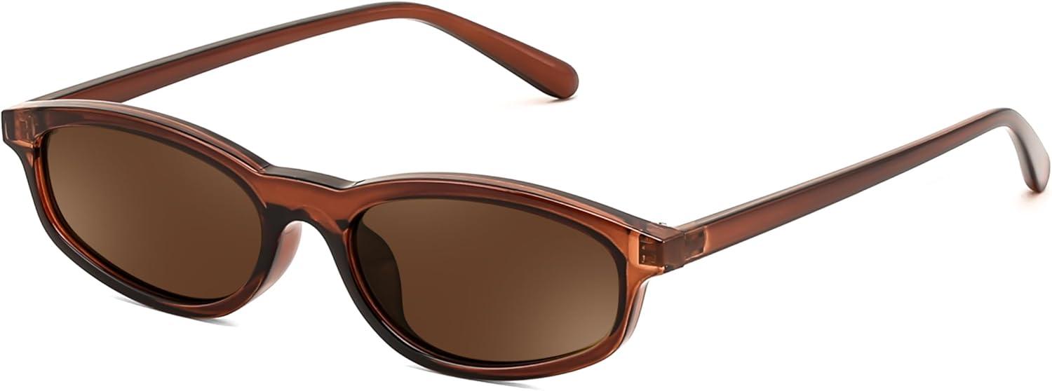 image:imageFEISEDY Small Oval Sunglasses for Women Men Cat Eye 90s Y2k Sunnies Lightweight Narrow Shades Trendy Glasses B9169Brown Frame Brown Lens