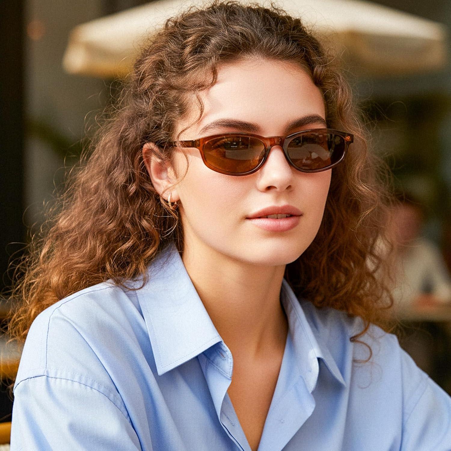 image:imageFEISEDY Small Oval Sunglasses for Women Men Cat Eye 90s Y2k Sunnies Lightweight Narrow Shades Trendy Glasses B9169Brown Frame Brown Lens