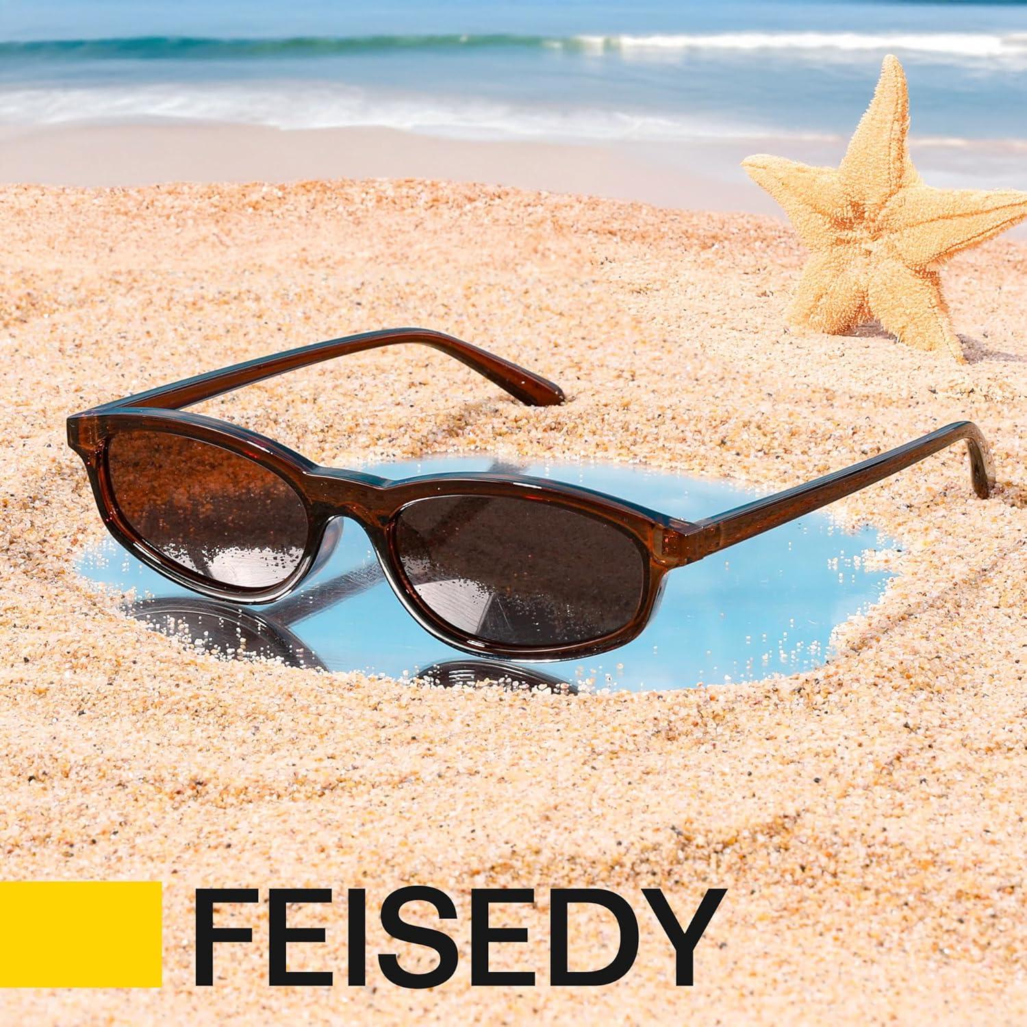 image:imageFEISEDY Small Oval Sunglasses for Women Men Cat Eye 90s Y2k Sunnies Lightweight Narrow Shades Trendy Glasses B9169Brown Frame Brown Lens