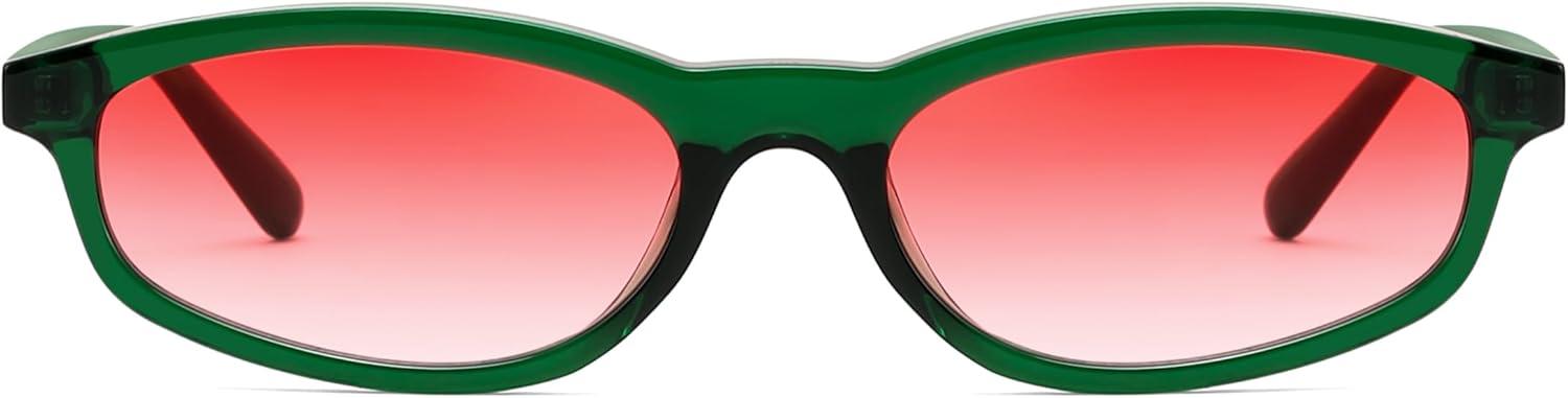 image:imageFEISEDY Small Oval Sunglasses for Women Men Cat Eye 90s Y2k Sunnies Lightweight Narrow Shades Trendy Glasses B9169Green Frame Red Lens