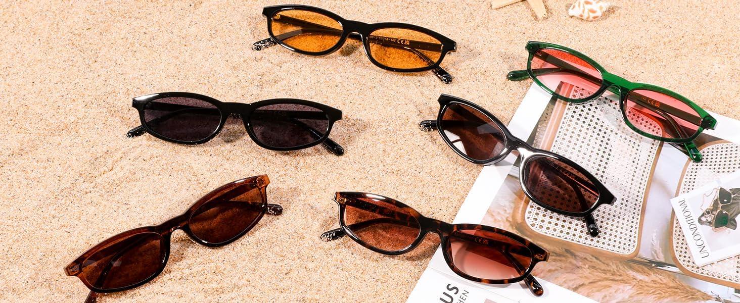 image:imageFEISEDY Small Oval Sunglasses for Women Men Cat Eye 90s Y2k Sunnies Lightweight Narrow Shades Trendy Glasses B9169Green Frame Red Lens