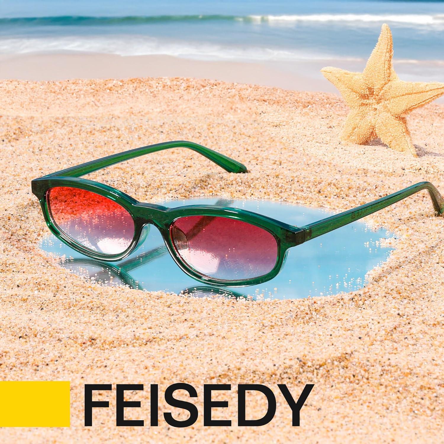 image:imageFEISEDY Small Oval Sunglasses for Women Men Cat Eye 90s Y2k Sunnies Lightweight Narrow Shades Trendy Glasses B9169Green Frame Red Lens