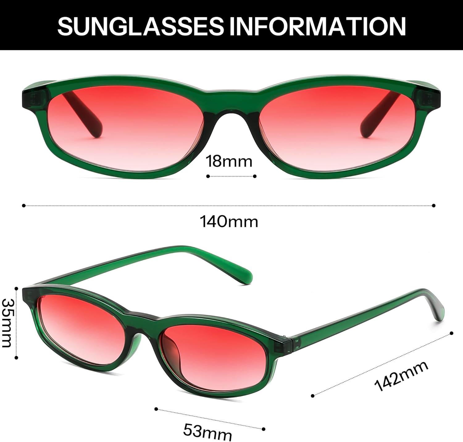 image:imageFEISEDY Small Oval Sunglasses for Women Men Cat Eye 90s Y2k Sunnies Lightweight Narrow Shades Trendy Glasses B9169Green Frame Red Lens