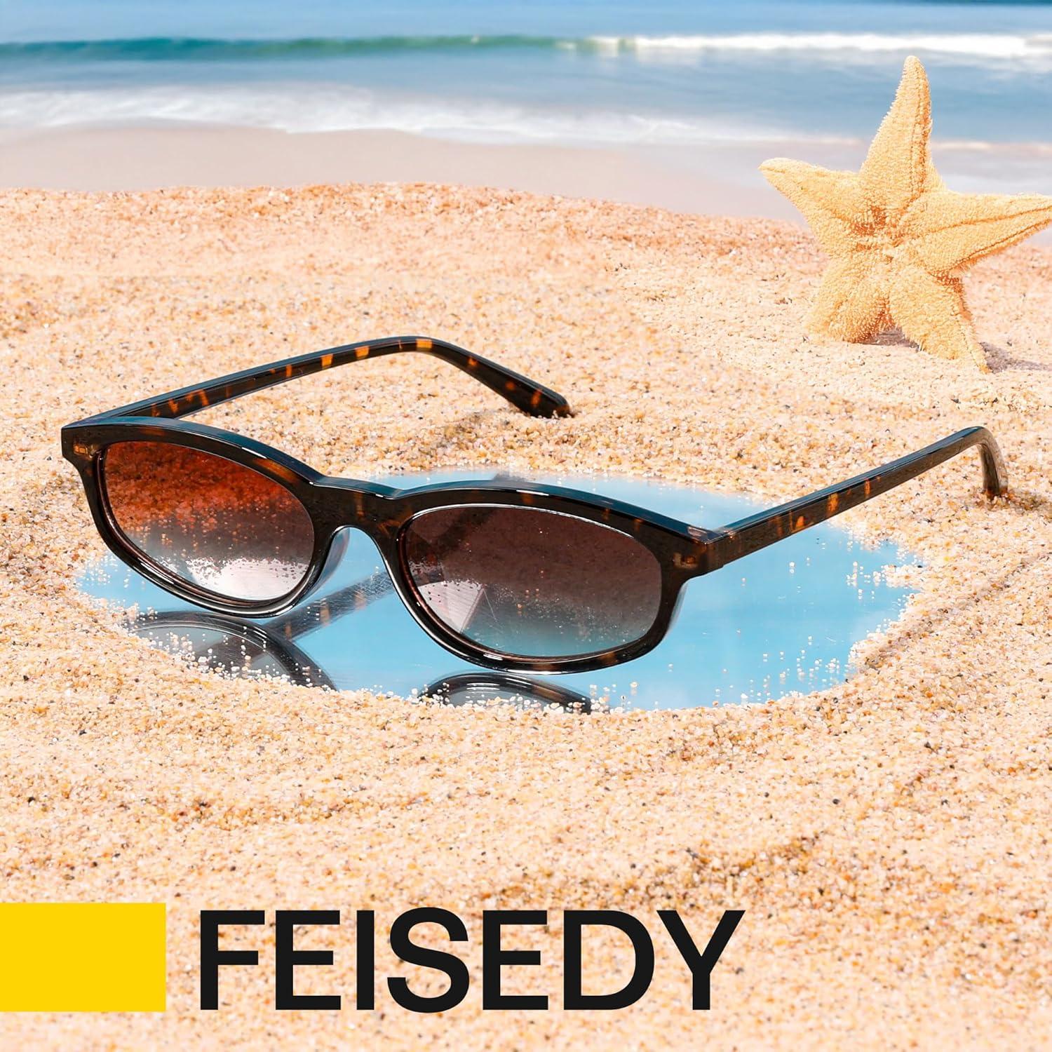 image:imageFEISEDY Small Oval Sunglasses for Women Men Cat Eye 90s Y2k Sunnies Lightweight Narrow Shades Trendy Glasses B9169Tortoise Frame Brown Lens