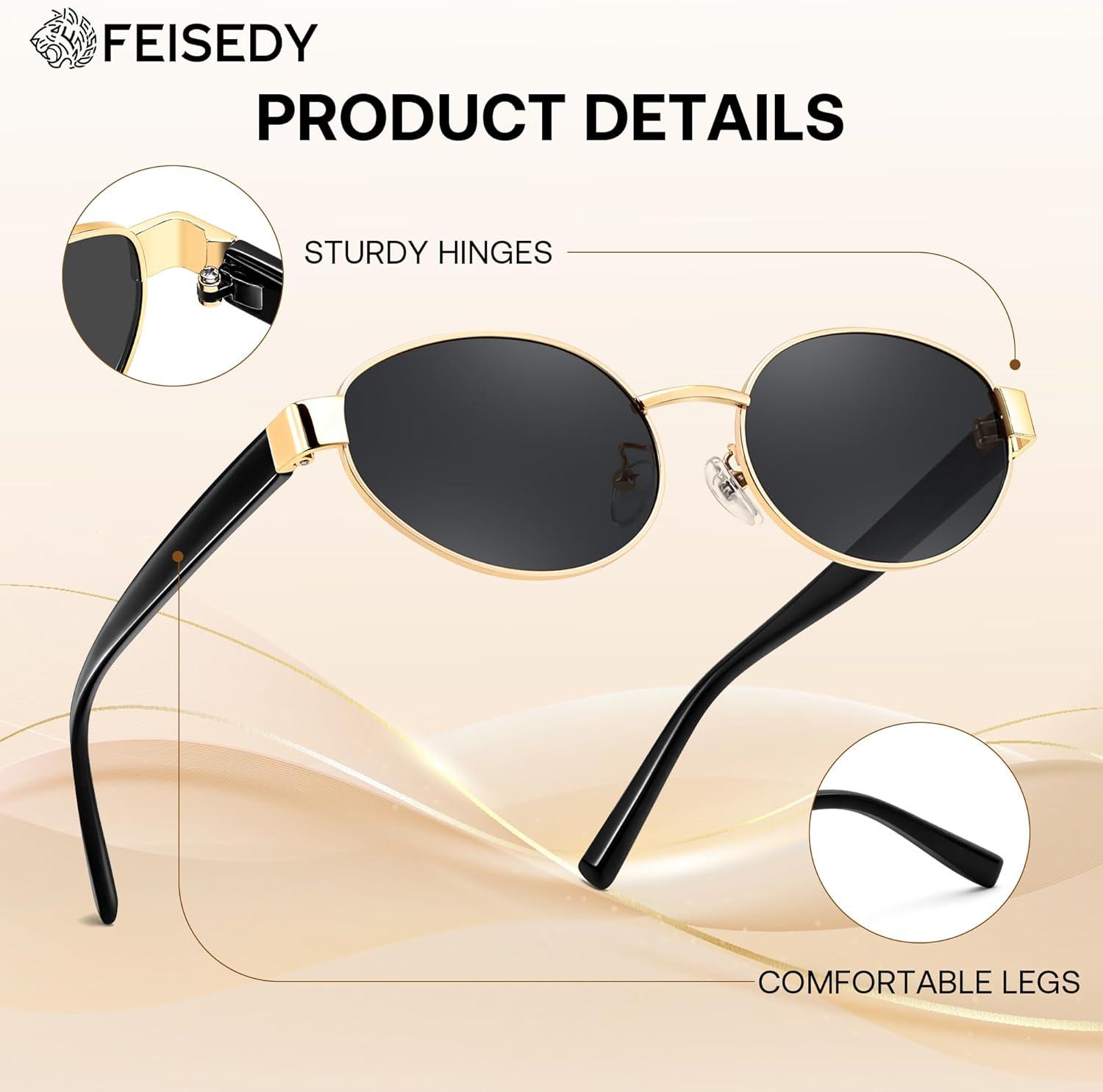 image:imageFEISEDY Sunglasses Men Women UV400 Protection Retro Trendy Classic Oval Small Metal Frame B0402Gold Frame Grey Lens Black Legs