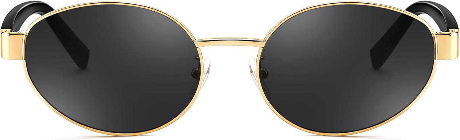 image:imageFEISEDY Sunglasses Men Women UV400 Protection Retro Trendy Classic Oval Small Metal Frame B0402Gold Frame Grey Lens Black Legs