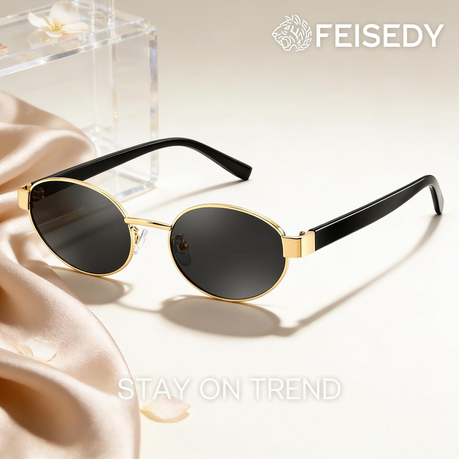 image:imageFEISEDY Sunglasses Men Women UV400 Protection Retro Trendy Classic Oval Small Metal Frame B0402Gold Frame Grey Lens Black Legs