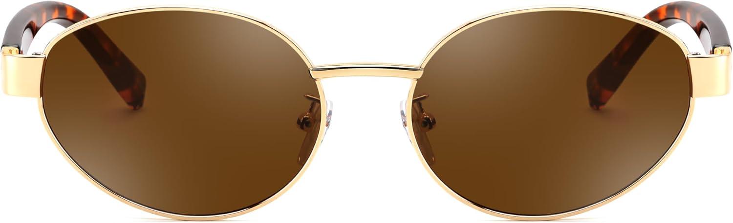 image:imageFEISEDY Sunglasses Men Women UV400 Protection Retro Trendy Classic Oval Small Metal Frame B0402Gold Frame Tea Lens Leopard Legs