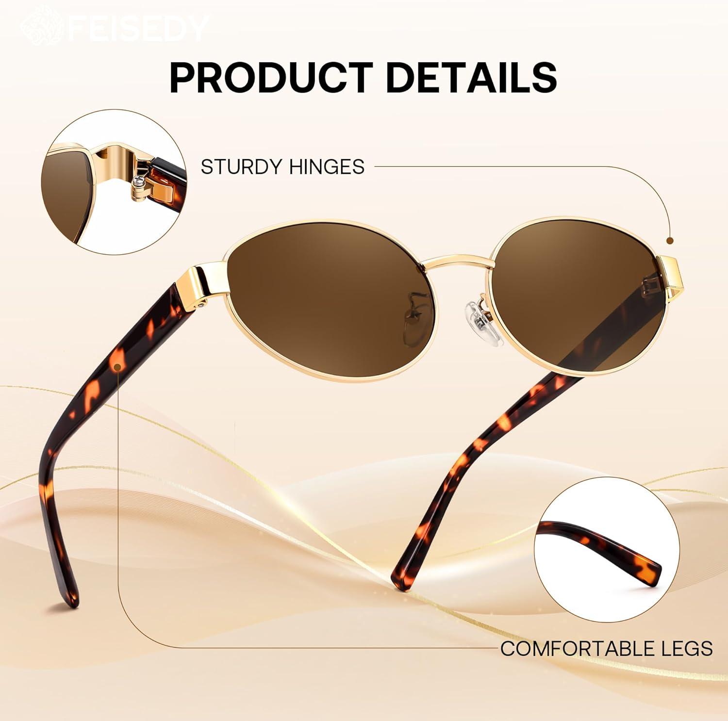 image:imageFEISEDY Sunglasses Men Women UV400 Protection Retro Trendy Classic Oval Small Metal Frame B0402Gold Frame Tea Lens Leopard Legs