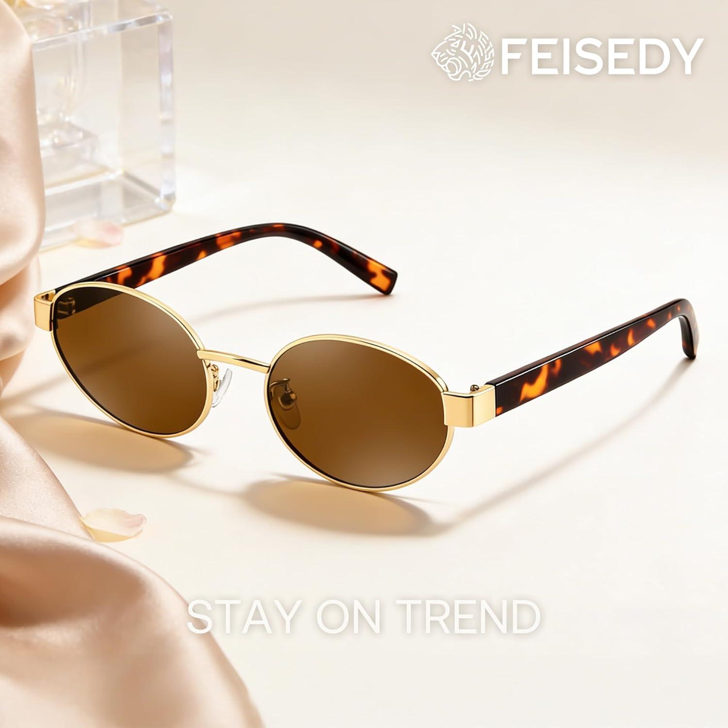 image:imageFEISEDY Sunglasses Men Women UV400 Protection Retro Trendy Classic Oval Small Metal Frame B0402Gold Frame Tea Lens Leopard Legs