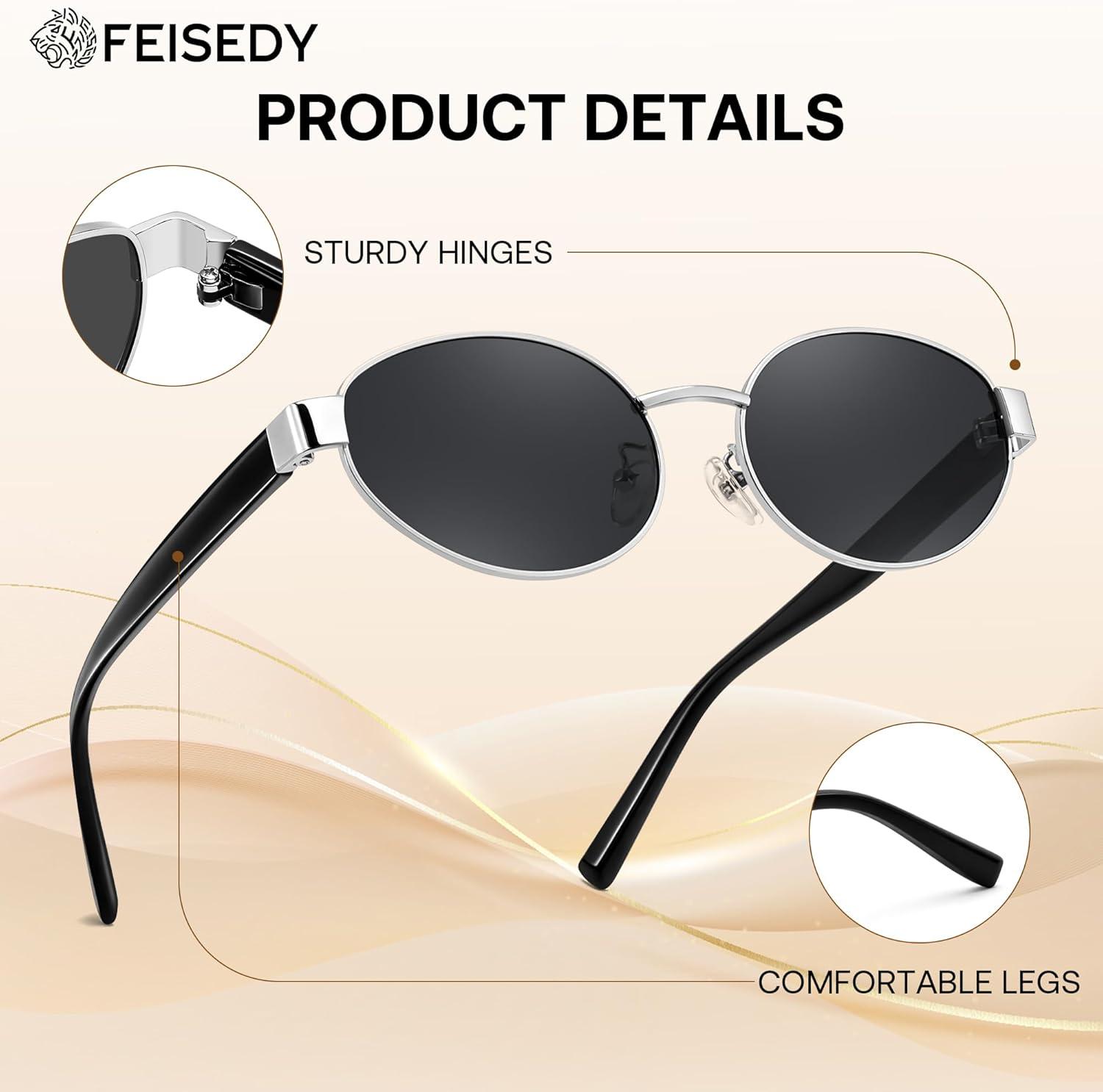 image:imageFEISEDY Sunglasses Men Women UV400 Protection Retro Trendy Classic Oval Small Metal Frame B0402Silver Frame Grey Lens Black Legs