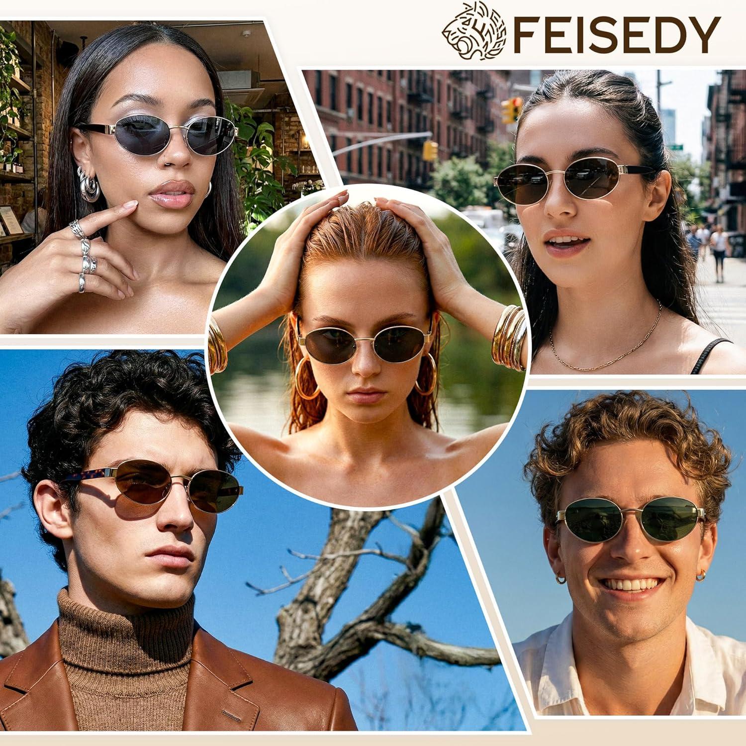 image:imageFEISEDY Sunglasses Men Women UV400 Protection Retro Trendy Classic Oval Small Metal Frame B0402Silver Frame Grey Lens Black Legs