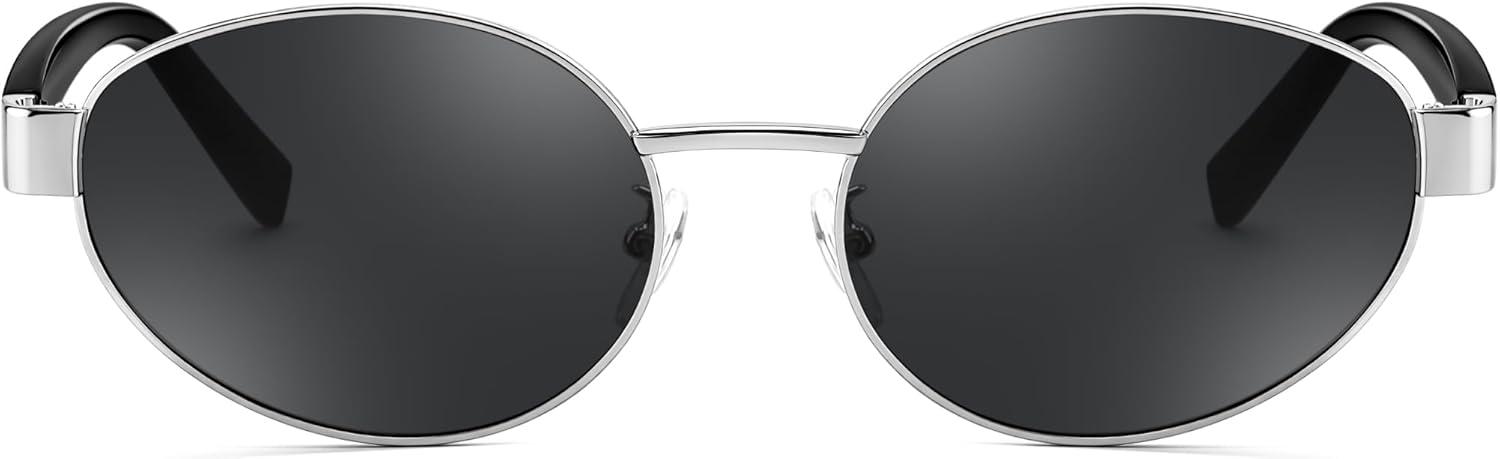 image:imageFEISEDY Sunglasses Men Women UV400 Protection Retro Trendy Classic Oval Small Metal Frame B0402Silver Frame Grey Lens Black Legs