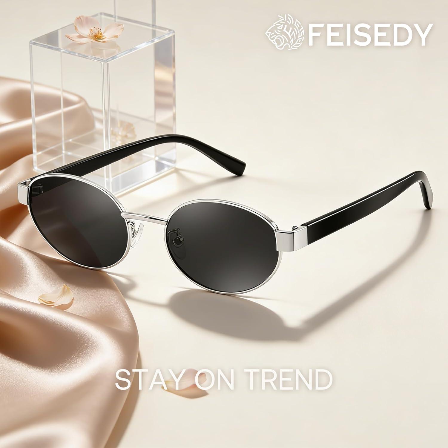 image:imageFEISEDY Sunglasses Men Women UV400 Protection Retro Trendy Classic Oval Small Metal Frame B0402Silver Frame Grey Lens Black Legs