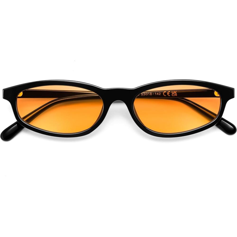 image:imageFEISEDY Small Oval Sunglasses for Women Men Cat Eye 90s Y2k Sunnies Lightweight Narrow Shades Trendy Glasses B9169Black Frame Yellow Lens