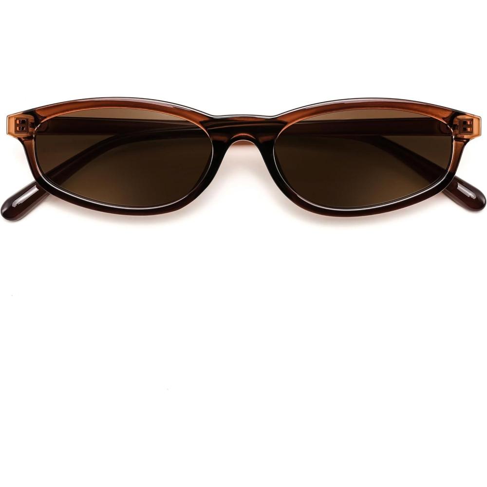 image:imageFEISEDY Small Oval Sunglasses for Women Men Cat Eye 90s Y2k Sunnies Lightweight Narrow Shades Trendy Glasses B9169Brown Frame Brown Lens