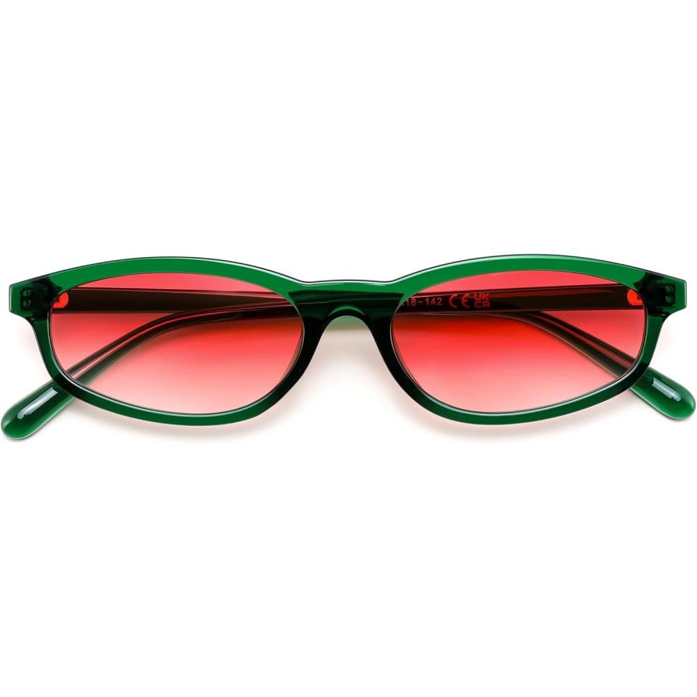 image:imageFEISEDY Small Oval Sunglasses for Women Men Cat Eye 90s Y2k Sunnies Lightweight Narrow Shades Trendy Glasses B9169Green Frame Red Lens