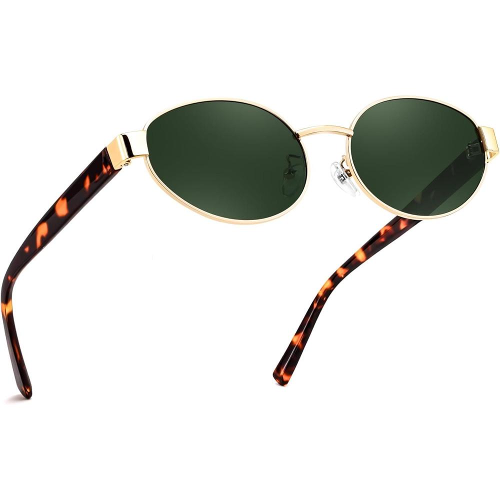 image:imageFEISEDY Sunglasses Men Women UV400 Protection Retro Trendy Classic Oval Small Metal Frame B0402Gold Frame Green Lens Leopard Legs