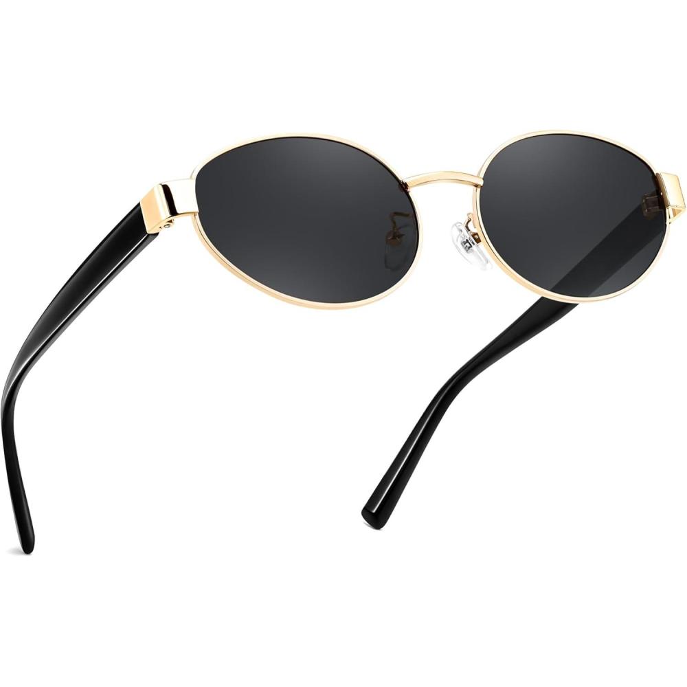 image:imageFEISEDY Sunglasses Men Women UV400 Protection Retro Trendy Classic Oval Small Metal Frame B0402Gold Frame Grey Lens Black Legs