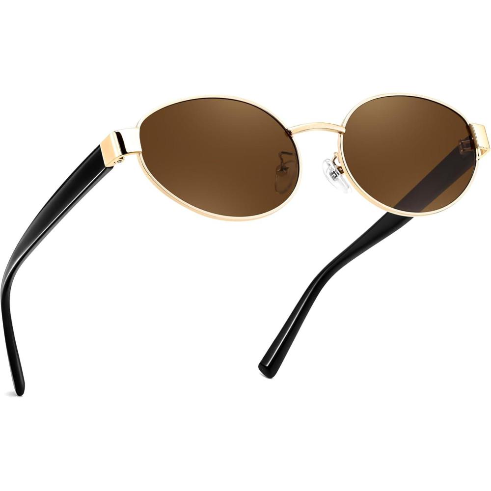 image:imageFEISEDY Sunglasses Men Women UV400 Protection Retro Trendy Classic Oval Small Metal Frame B0402Gold Frame Tea Lens Black Legs