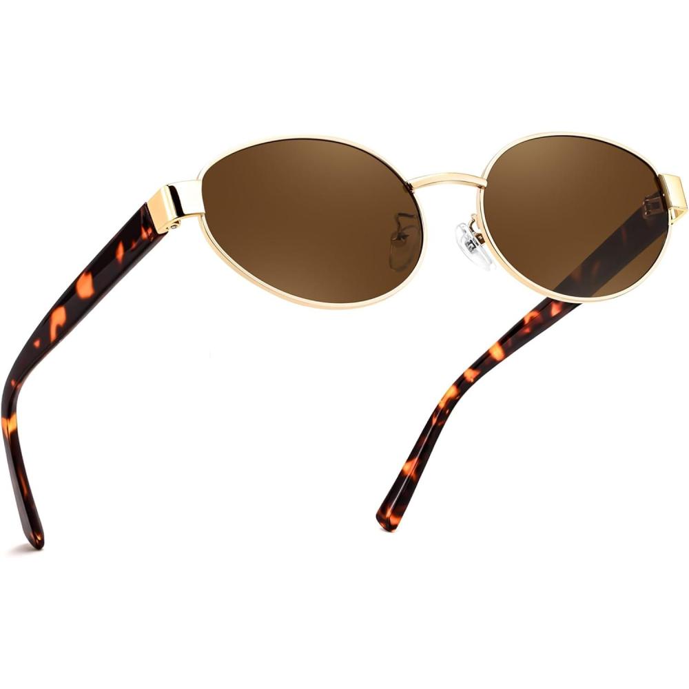 image:imageFEISEDY Sunglasses Men Women UV400 Protection Retro Trendy Classic Oval Small Metal Frame B0402Gold Frame Tea Lens Leopard Legs