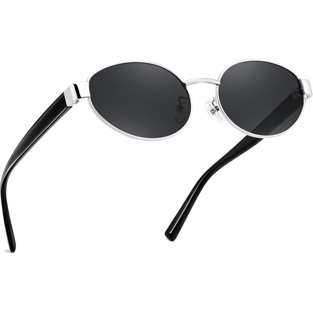 image:imageFEISEDY Sunglasses Men Women UV400 Protection Retro Trendy Classic Oval Small Metal Frame B0402Silver Frame Grey Lens Black Legs