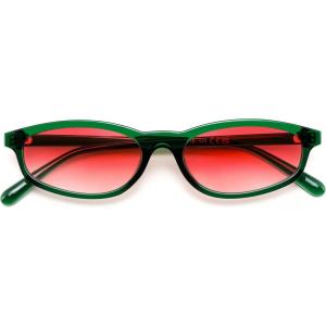 FEISEDY Small Oval Sunglasses for Women Men, Cat Eye 90s Y2k Sunnies, Lightweight Narrow Shades Trendy Glasses B9169(Green Frame Red Lens)