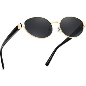FEISEDY Sunglasses Men Women UV400 Protection Retro Trendy Classic Oval Small Metal Frame B0402(Gold Frame Grey Lens Black Legs)