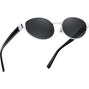 FEISEDY Sunglasses Men Women UV400 Protection Retro Trendy Classic Oval Small Metal Frame B0402(Silver Frame Grey Lens Black Legs)