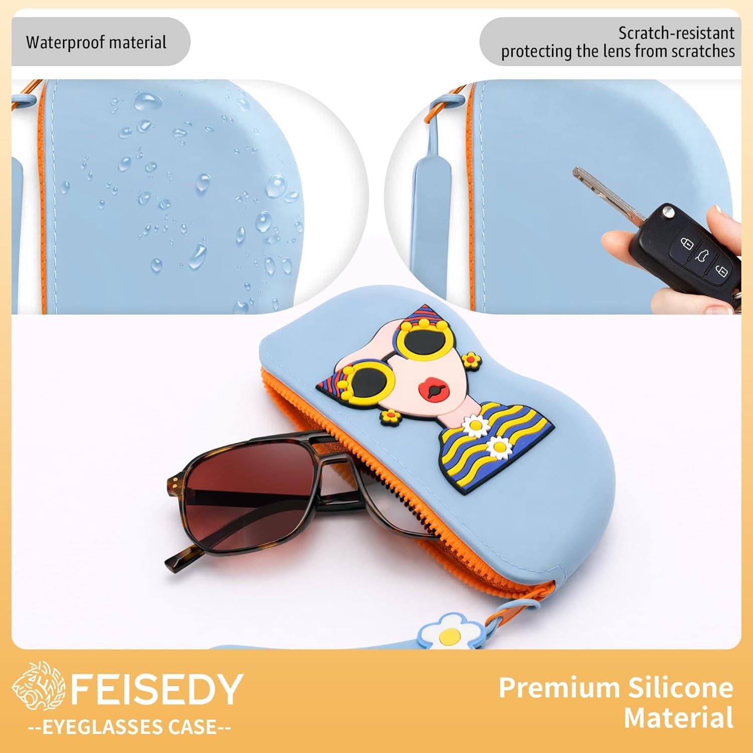 image:imageFEISEDY 2Pack Cartoon Silicone Glasses Pouch with Carrying Strap Cute Protective Eyewear Case for Travel B0386Blue