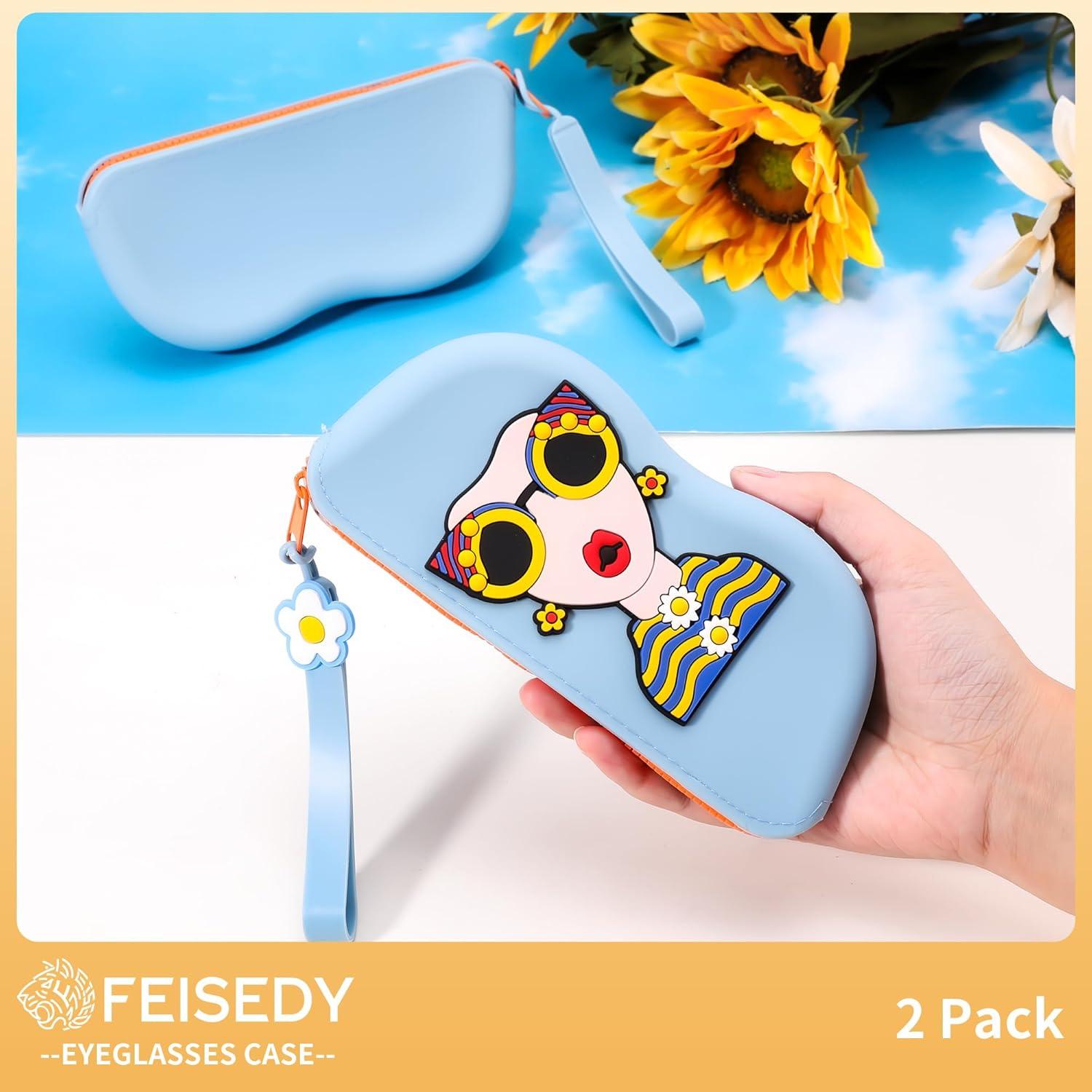 image:imageFEISEDY 2Pack Cartoon Silicone Glasses Pouch with Carrying Strap Cute Protective Eyewear Case for Travel B0386Blue
