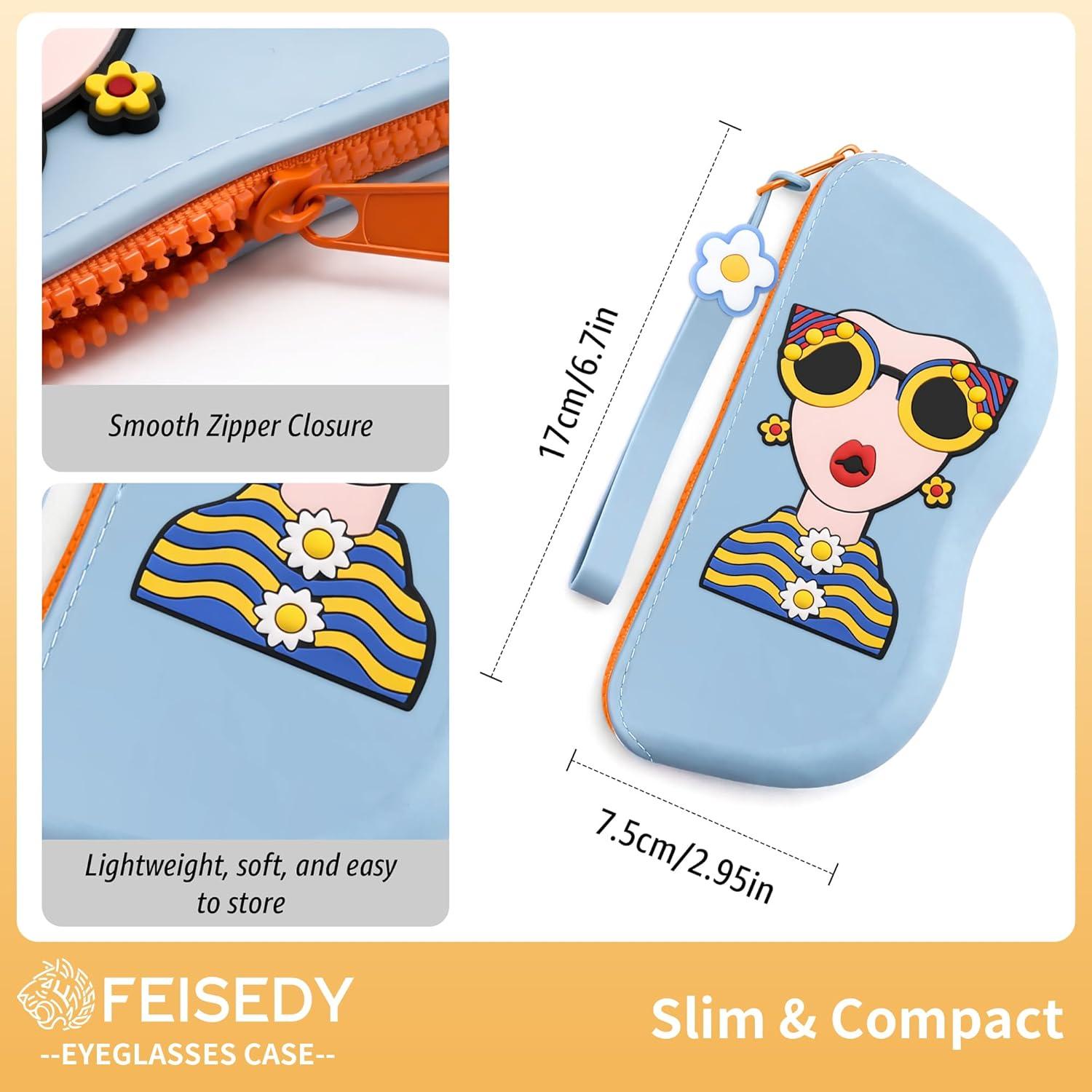 image:imageFEISEDY 2Pack Cartoon Silicone Glasses Pouch with Carrying Strap Cute Protective Eyewear Case for Travel B0386Blue
