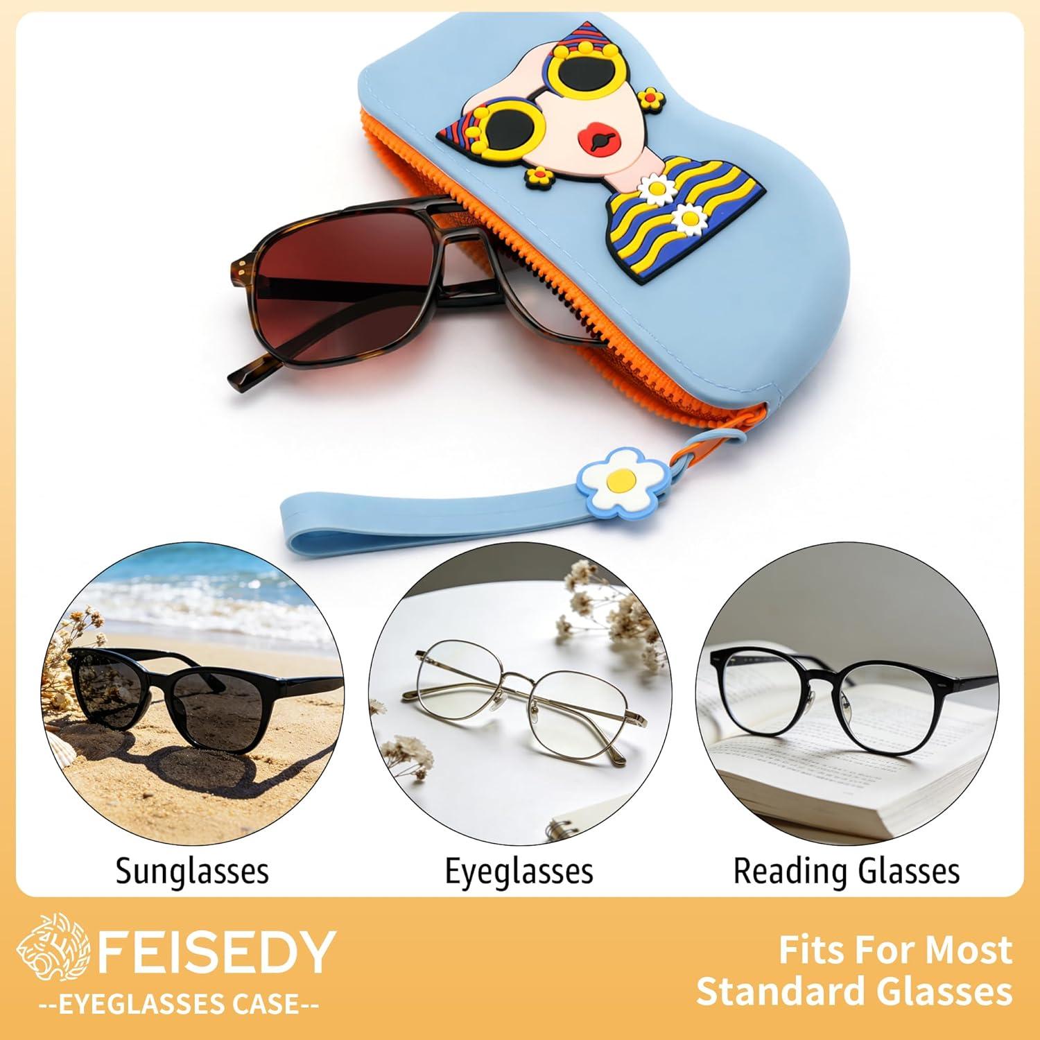 image:imageFEISEDY 2Pack Cartoon Silicone Glasses Pouch with Carrying Strap Cute Protective Eyewear Case for Travel B0386Blue