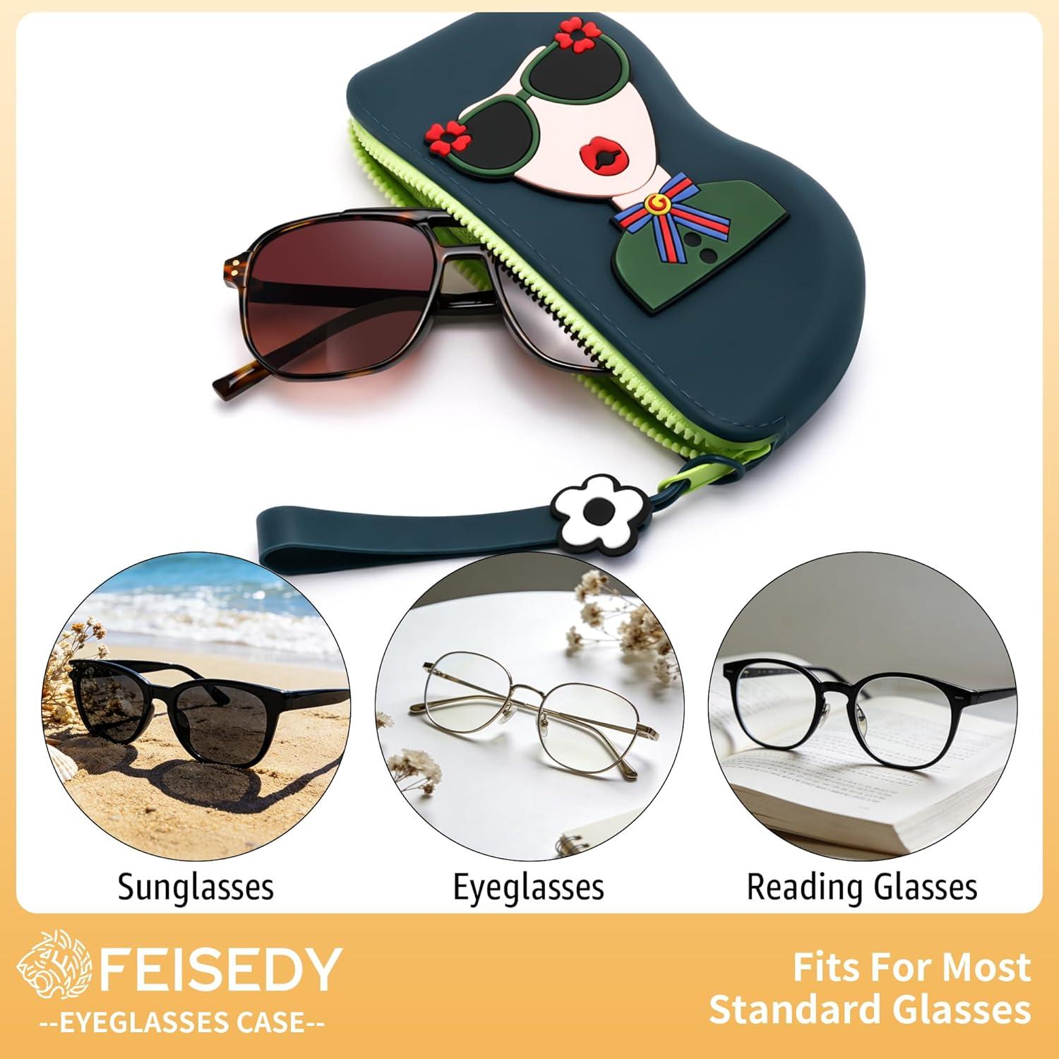 image:imageFEISEDY 2Pack Cartoon Silicone Glasses Pouch with Carrying Strap Cute Protective Eyewear Case for Travel B0386Green