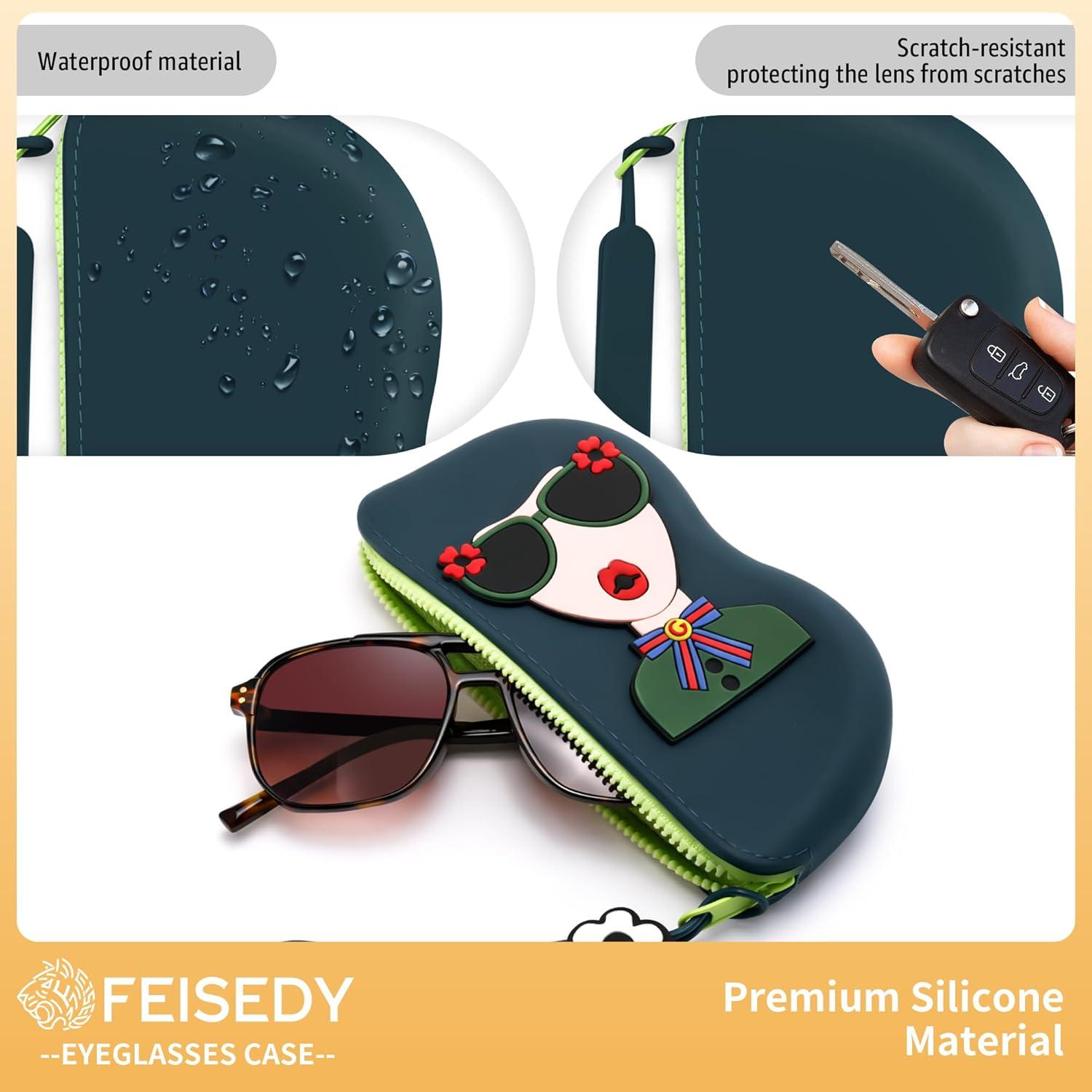 image:imageFEISEDY 2Pack Cartoon Silicone Glasses Pouch with Carrying Strap Cute Protective Eyewear Case for Travel B0386Green