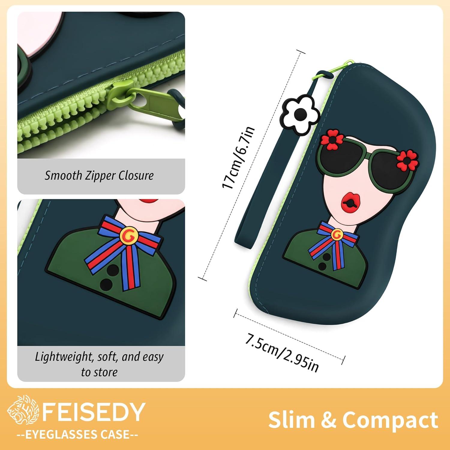 image:imageFEISEDY 2Pack Cartoon Silicone Glasses Pouch with Carrying Strap Cute Protective Eyewear Case for Travel B0386Green