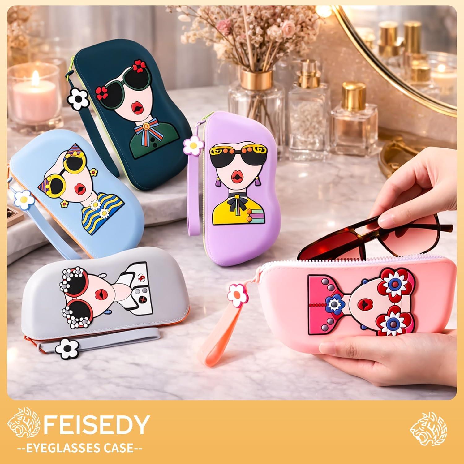 image:imageFEISEDY 2Pack Cartoon Silicone Glasses Pouch with Carrying Strap Cute Protective Eyewear Case for Travel B0386Green