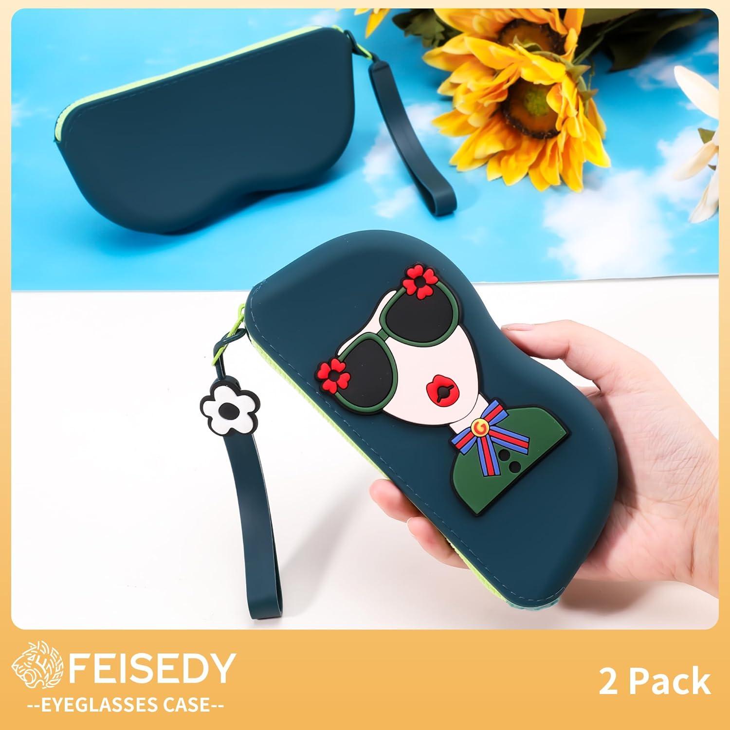 image:imageFEISEDY 2Pack Cartoon Silicone Glasses Pouch with Carrying Strap Cute Protective Eyewear Case for Travel B0386Green
