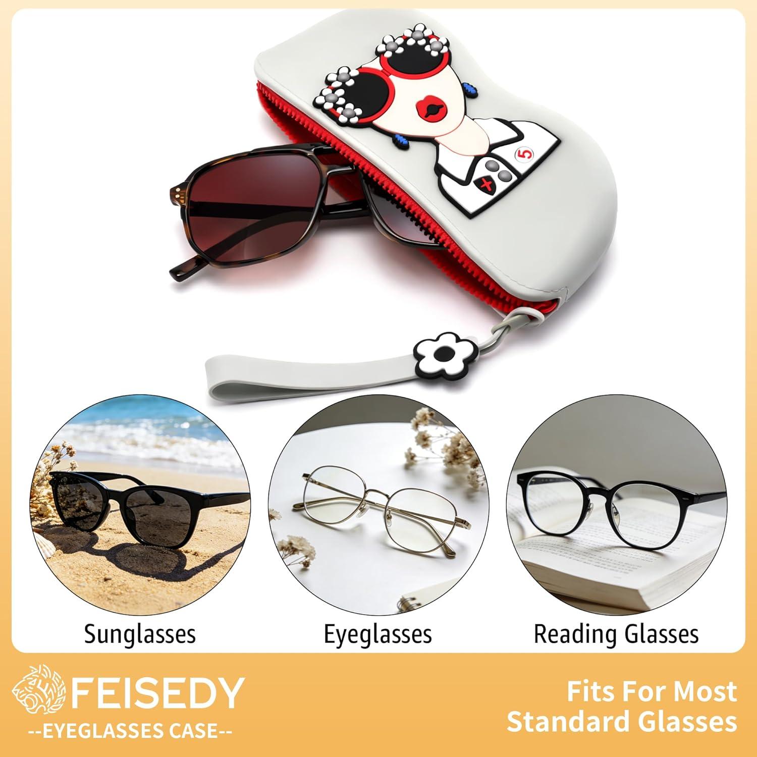 image:imageFEISEDY 2Pack Cartoon Silicone Glasses Pouch with Carrying Strap Cute Protective Eyewear Case for Travel B0386Grey