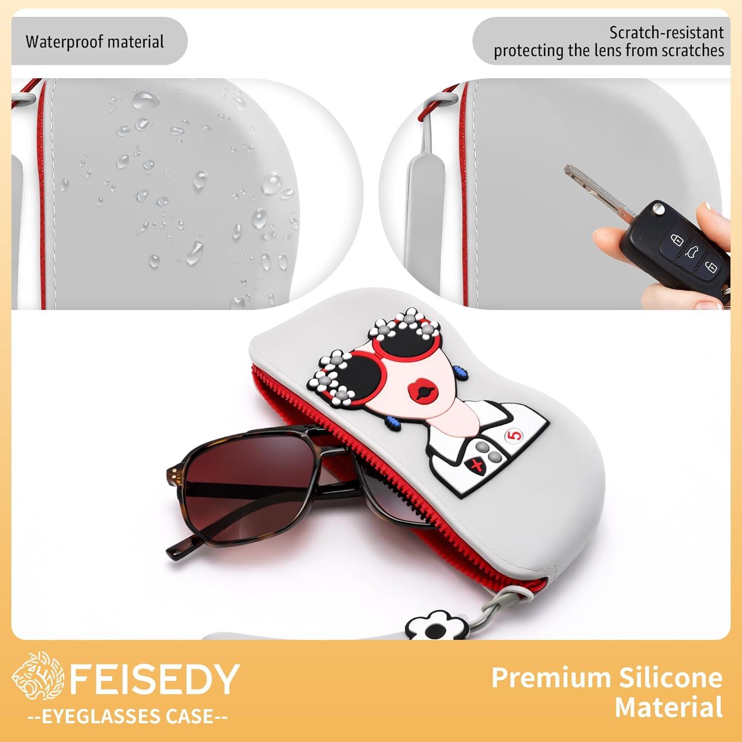 image:imageFEISEDY 2Pack Cartoon Silicone Glasses Pouch with Carrying Strap Cute Protective Eyewear Case for Travel B0386Grey