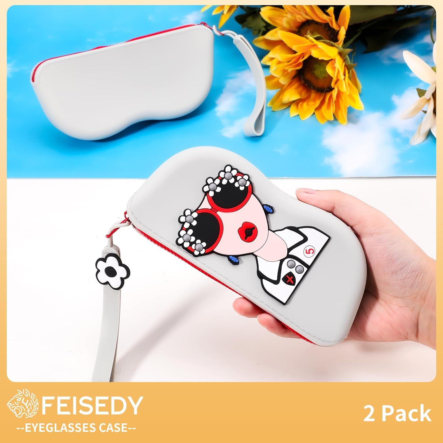image:imageFEISEDY 2Pack Cartoon Silicone Glasses Pouch with Carrying Strap Cute Protective Eyewear Case for Travel B0386Grey