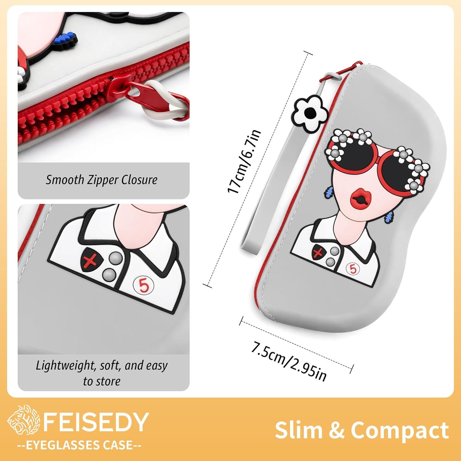 image:imageFEISEDY 2Pack Cartoon Silicone Glasses Pouch with Carrying Strap Cute Protective Eyewear Case for Travel B0386Grey